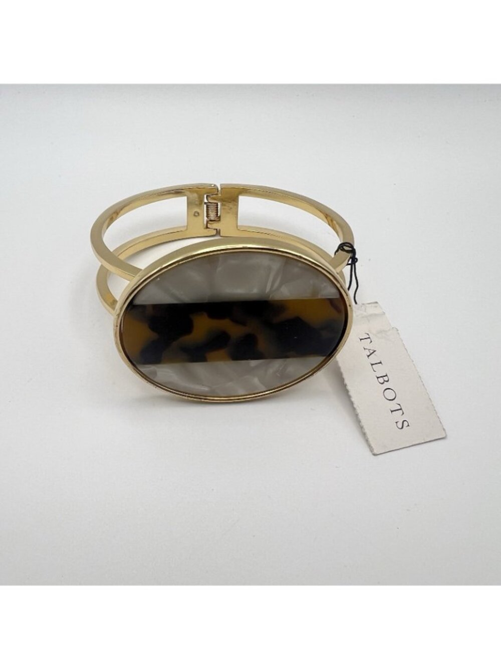 NWT Talbots Clamper Bracelet Tortoise Shell Mother Of Pearl Disc Hinge Gold Tone - Picture 2 of 8